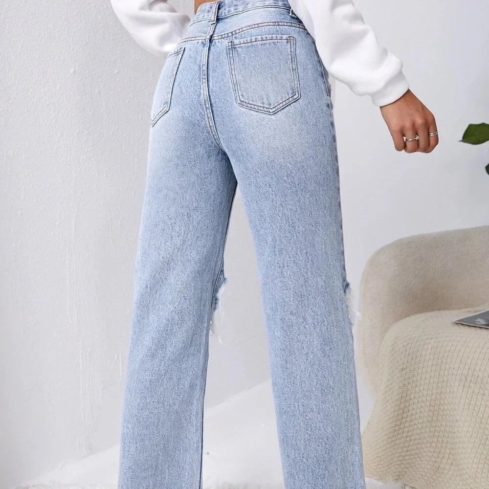 Blue Casual Womens Ripped Raw Cut Straight Leg Jeans - Picture 3 of 5